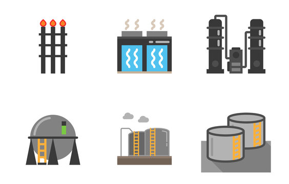 Icon Set Of Industry Equipment Infrastructure, Flare, LPG Tank Farm,sphere Tank,distillation Column, Oil And Gas Industry.