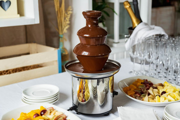 belgian chocolate fountain, fondue close up