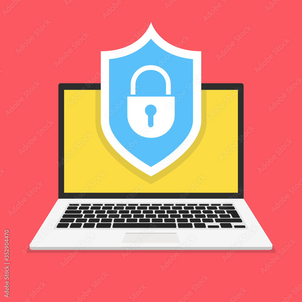 Poster computer security, protect your laptop concepts. notebook and shield icon with padlock. vector illus