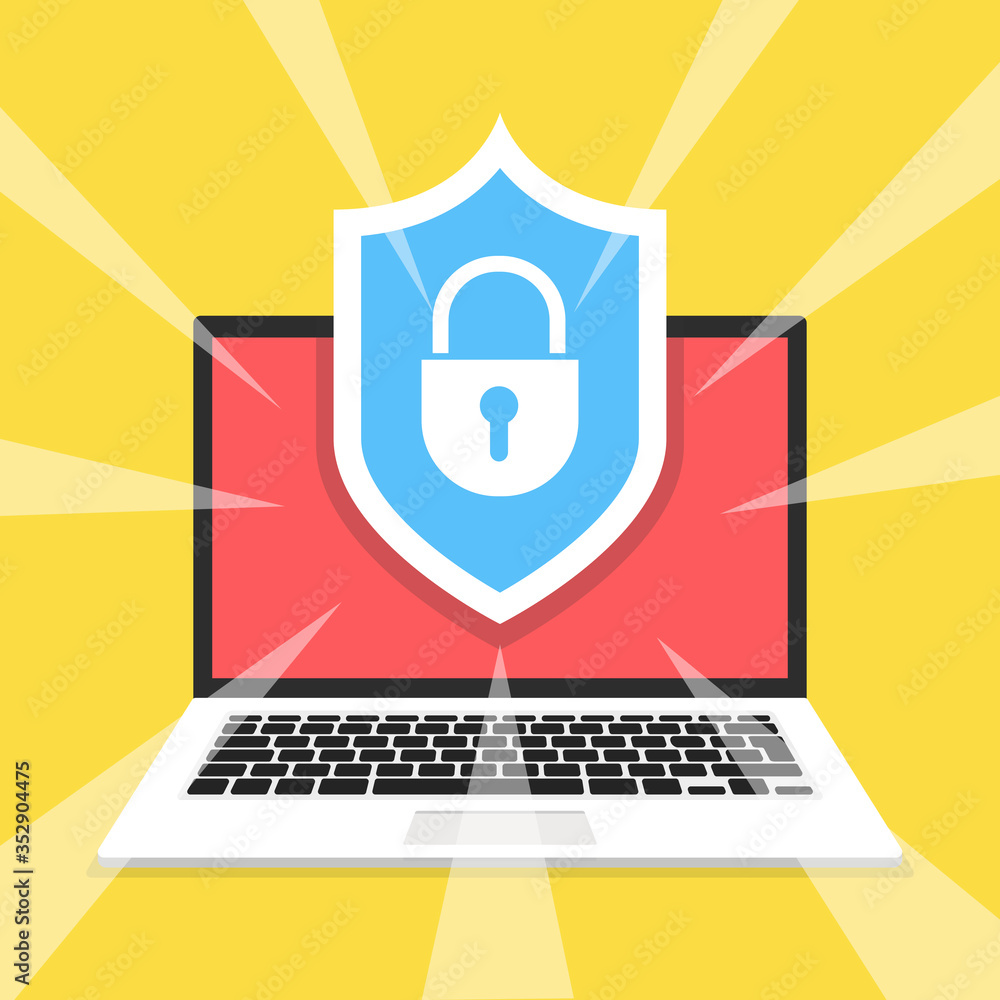 Poster computer security concept. laptop with shield and lock on screen. vector illustration.