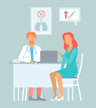 Medicine concept with a doctor and patient in medical office. Consultation and diagnosis. Patient woman talking to primary care physician man at hospital office. Clinic appointment meeting with doctor