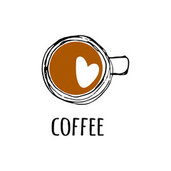 Vector illustration a cup with coffee with heart in sketch style black and brown color isolated on white