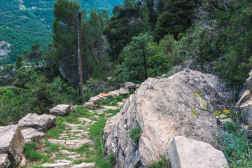 A picturesque view of a hiking path with stone stairway in the French Alps mountains on a sunny day...