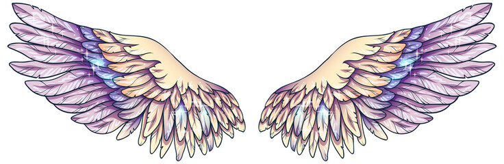 Beautiful magic glowing light tender yellow violet angel wings, vector