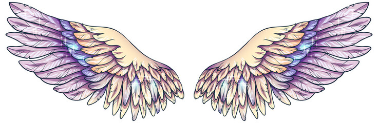 Beautiful magic glowing light tender yellow violet angel wings, vector