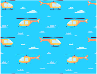Vector print with a helicopter that flies through the clouds. Air transport with a propeller in the sky. Yellow helicopter, children's pattern for textiles..Cartoon style isolated