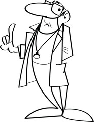 A doctor with glasses and a mask raises his finger to give advice or recommendations. illustration. medical theme, concept. fictional character and situation
