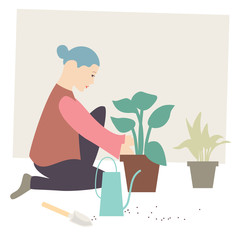 Indoor gardening woman with plants, gardening shovel and watering can. Flat vector illustration of female gardener. Indoor gardening houseplants, stay home, spring hobby concept.