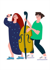 Double bass and vocal duet performance. Jazz concert. Female singer and contrabass player vector illustration in flat style. Isolated on white background