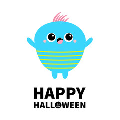Happy Halloween. Blue monster with two eyes, fang teeth, hair. Funny Cute cartoon kawaii character. Baby collection. Flat design. Greeting card. White background. Isolated.