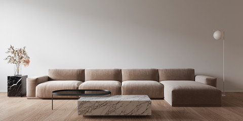 White minimalistic interior with marble coffee table and sofa. 3d render illustration mock up.