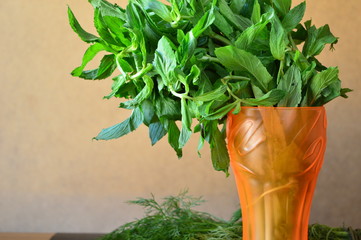 fresh mint herbs in a orange bowl