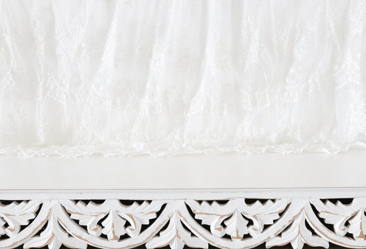 background Image of vintage table and lace fabric in front of white wall. ready for product display