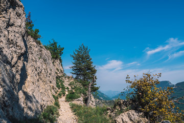 A picturesque view of a hiking path in the French Alps mountains on a sunny summer day (Puget-Theniers, Alpes-Maritimes, Provence, France)