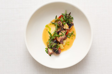Stewed octopus in vine sauce with arugula