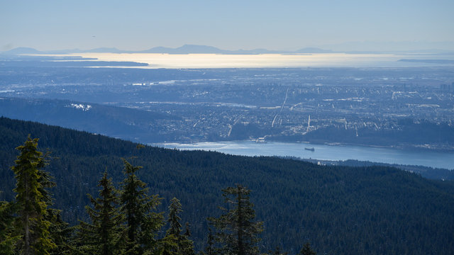 Scenic view of the coast, Dog Mountain Snowshoe Trail, Mount Seymour Provincial Park, North Vancouver, Vancouver, Lower Mainland, British Columbia, Canada