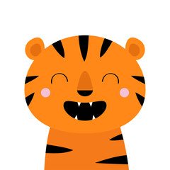 Tiger roaring yawing. Cute cartoon kawaii funny smiling baby animal character. Open mouth fang. Childish print for nursery, kids apparel, poster. Jungle cat roar. Flat design. White background.