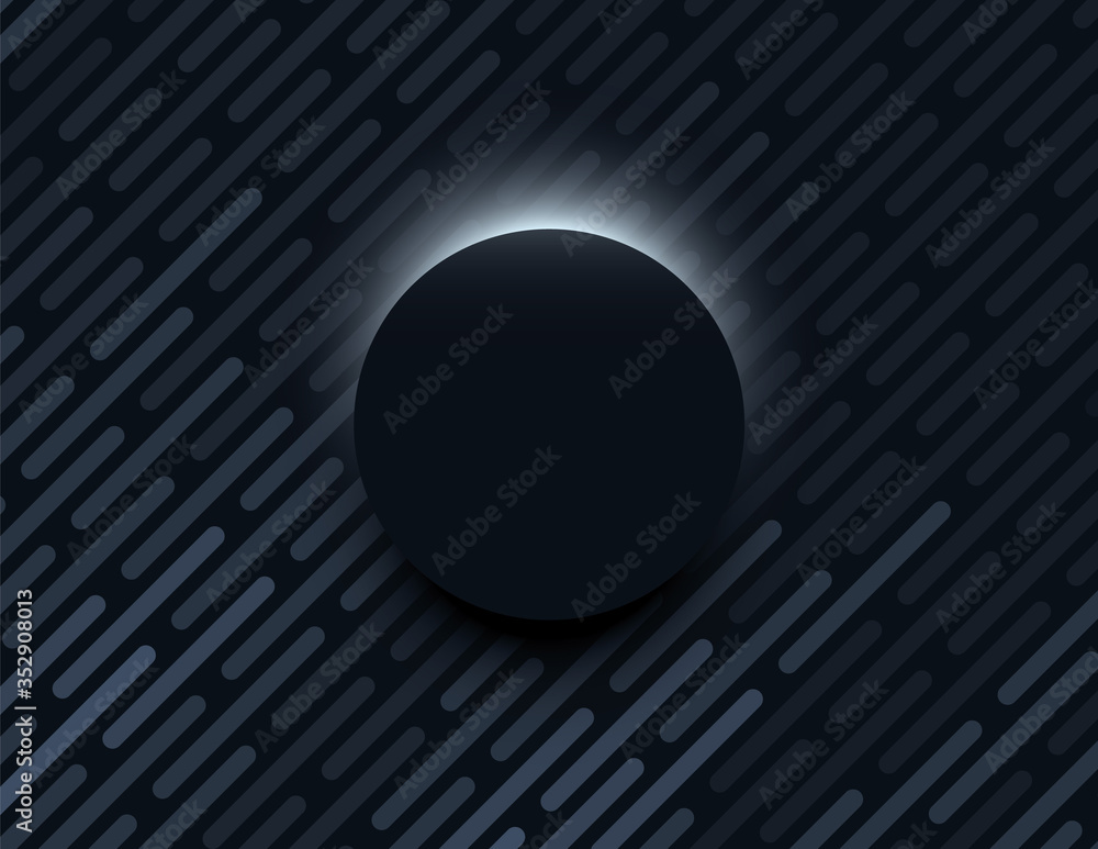 Poster minimal black vector background with dark 3d circle with light behind it. product presentation or da
