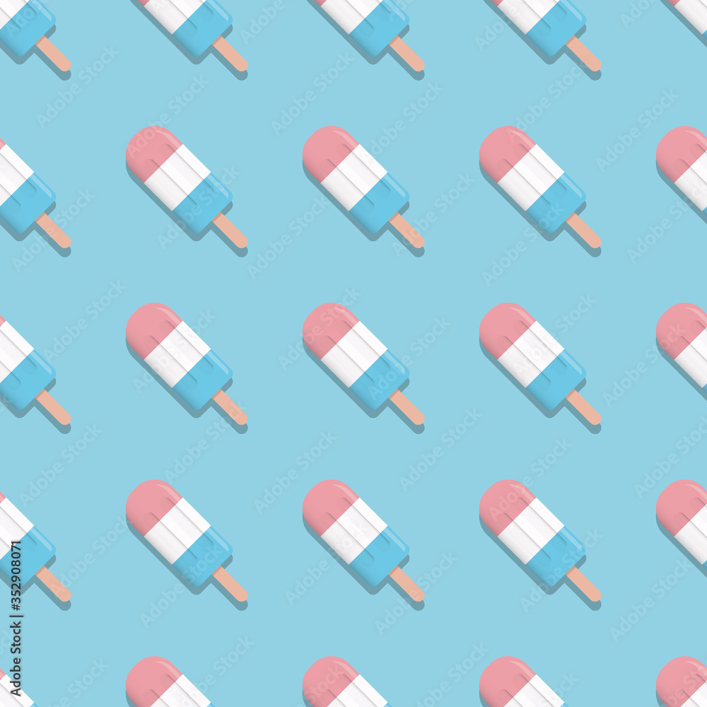 Poster summer ice cream regular seamless pattern vector background with popsicles on blue backdrop. modern 