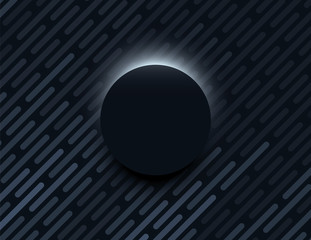 Minimal black vector background with dark 3d circle with light behind it. Product presentation or dark wallpaper.
