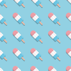 Summer ice cream regular seamless pattern vector background with popsicles on blue backdrop. Modern pastel colors.