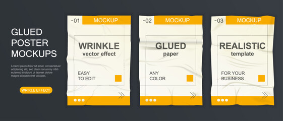 Realistic Wrinkled poster template. Effect of poorly glued paper. Wrinkled wet paper Set. Crumpled Wallpaper. Mockup for web design. Easy to edit. Well drawn Isolated Vector illustration