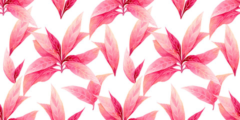 Watercolor painting colorful tropical leaf,pink leave seamless pattern background.Watercolor hand drawn illustration tropical exotic leaf prints for wallpaper,textile Hawaii aloha summer style..
