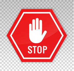 Stop sign. Adblock hand icon. Block signal. Restricted sign. Halt icon blocker octagon. Warning symbol. Octagonal sign red color isolated on background. Prohibited activities. Road sign restriction
