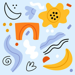 Summer abstraction.Set of hand drawn shapes and doodle objects.Abstract  modern trendy vector geometric   illustration.Painting poster design.Various shapes.