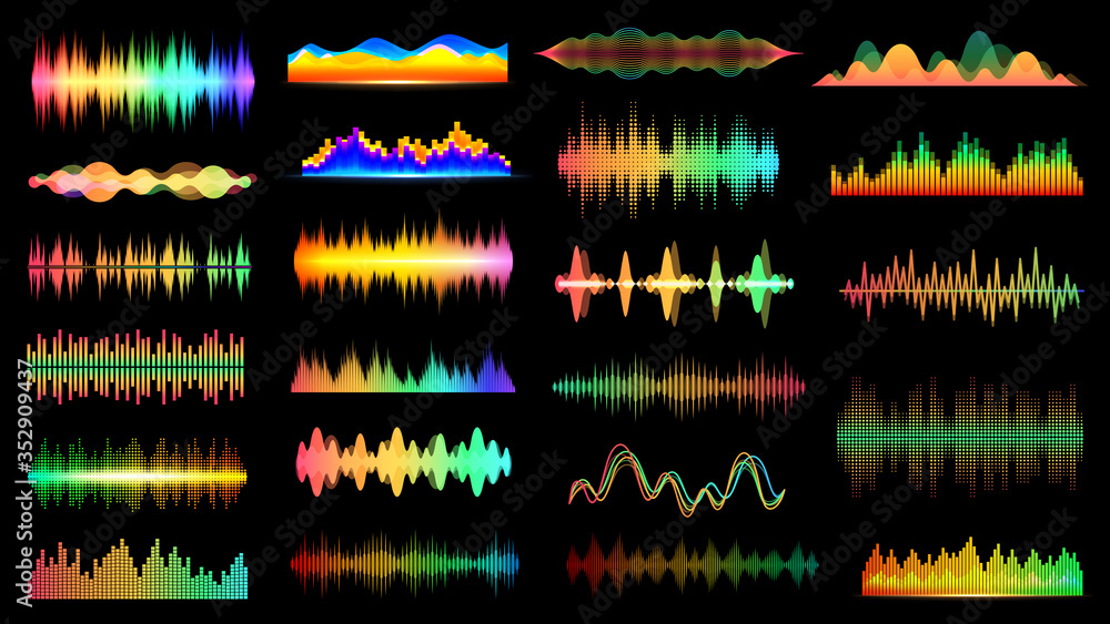 Poster Audio waves. Voice sound music shapes vector abstract collection. Vector sound waves set. Audio player, equalizer