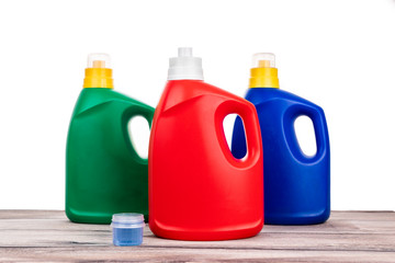 Regular liquid laundry detergent of various fragrance variant on wooden surface