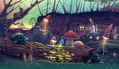 Digital fantasy forest landscape illustration with magic trees, mushrooms, concept art style painting with nature, outdoor fairy tale drawing. Summer village artwork with wonderful colors.