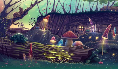  Digital fantasy forest landscape illustration with magic trees, mushrooms, concept art style painting with nature, outdoor fairy tale drawing. Summer village artwork with wonderful colors. © jdrv