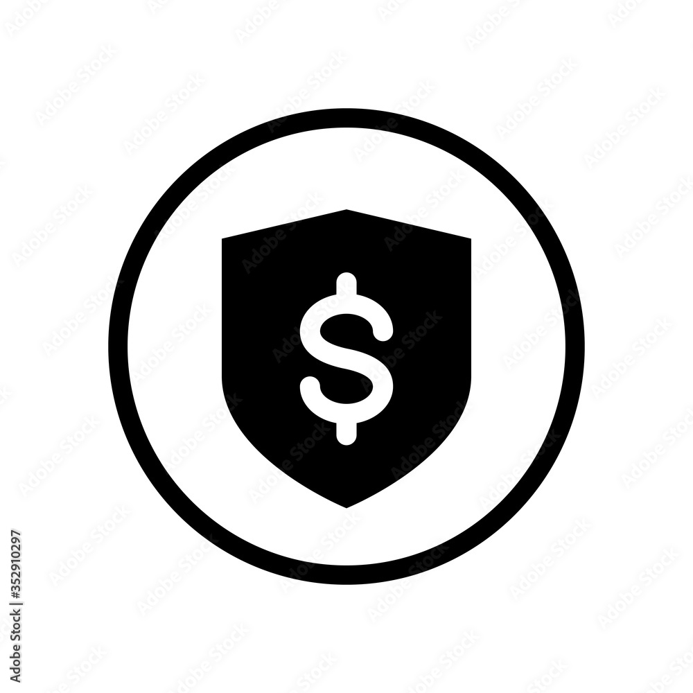 Poster black round money protection shield icon, dollar shield shape flat design infographic pictogram vect