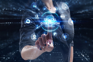Business, Technology, Internet and network concept. Young businessman working on a virtual screen of the future and sees the inscription: Digital disruption