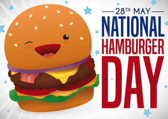 Happy and Cute Patriotic Burger Celebrating National Hamburger Day, Vector Illustration