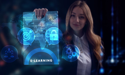 Business, Technology, Internet and network concept. Young businessman working on a virtual screen of the future and sees the inscription: E-learning