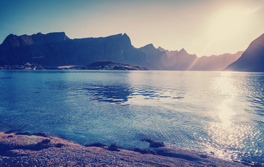 Beautiful landscape. Lofoten seashore in Norway at sunset