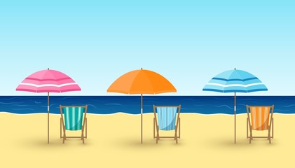 Fototapeta na wymiar Vector cartoon illustration of sandy beach, chairs, umbrellas on sea background. Beach chairs with social distance 2 m. Travel concept. Summer vacation 2020, empty beach, coronavirus Covid-19 lockdown