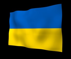 The flag of Ukraine on a dark background. National flag and state ensign. Blue and yellow bicolour. 3D illustration waving flag