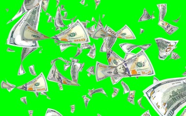 Flying dollars banknotes isolated on chromakey. Money is flying in the air. 100 US banknotes new sample. 3D illustration