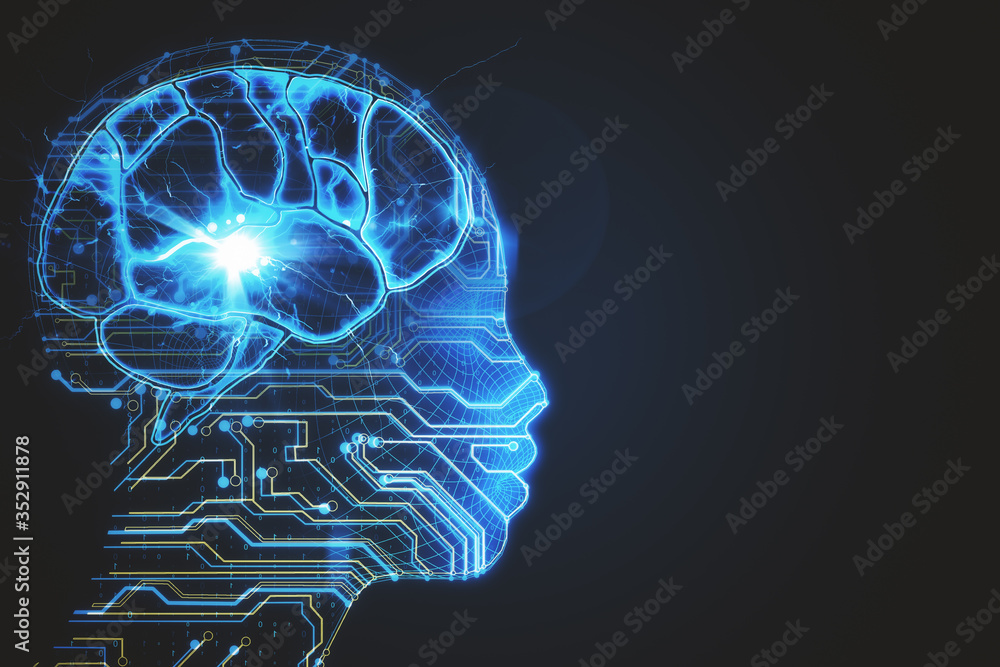 Poster abstract glowing circuit brain head