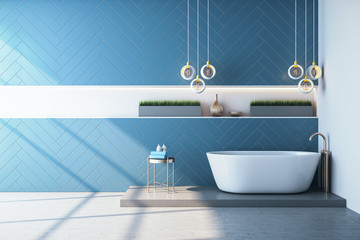 Minimalistic blue bathroom interior with mirror