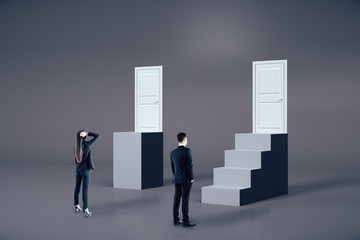 Fototapeta premium Businessman and businesswoman looking on ladder with closed door.
