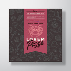 Ocean Crab Meat Frozen Pizza Realistic Cardboard Box. Abstract Vector Packaging Design or Label. Modern Typography, Sketch Seamless Food Pattern. Black Paper Background Layout.
