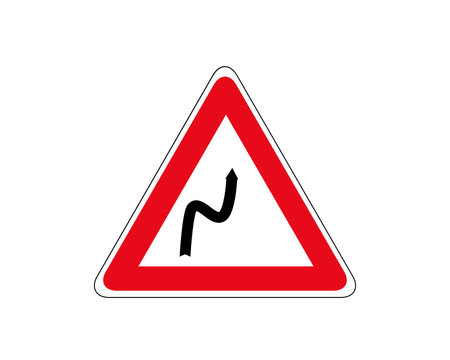 Road sign double turn, first right. Traffic sign, attention sharp turns vector.