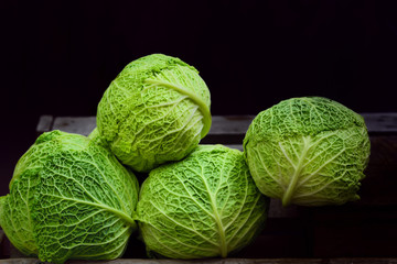 Fototapeta premium Fresh savoy cabbage is stacked on a dark background with a text field