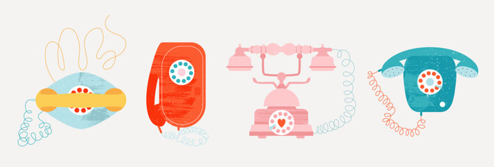 Old style vintage telephones with a wire. Retro phone vector set. Elegant feminine and masculine old phone isolated illustrations. Trendy clip art vector design for web and print.