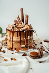 Chocolate cake decorated with various cookies and nuts on a glass plate and macaroons. Food photography. Advertising and commercial close up design.
