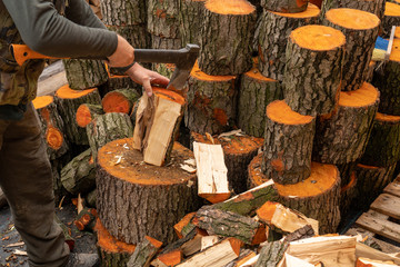 Lumberjack chopping wood for winter, Young man chopping woods with an axe. Detail of two flying pieces of wood on log with sawdust. Man is chopping wood with vintage axe. Frozen moment.